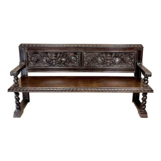 20th Century Spanish Carved Wood Bench with Barley Twist Legs, 1920 For Sale