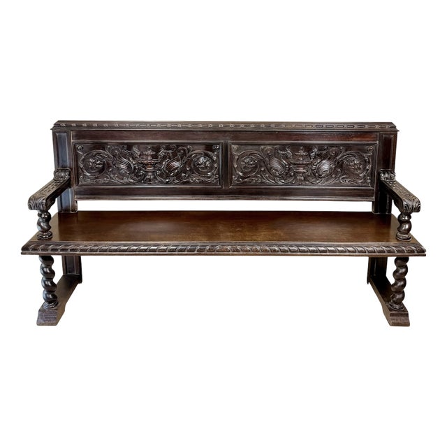 20th Century Spanish Carved Wood Bench with Barley Twist Legs, 1920 For Sale