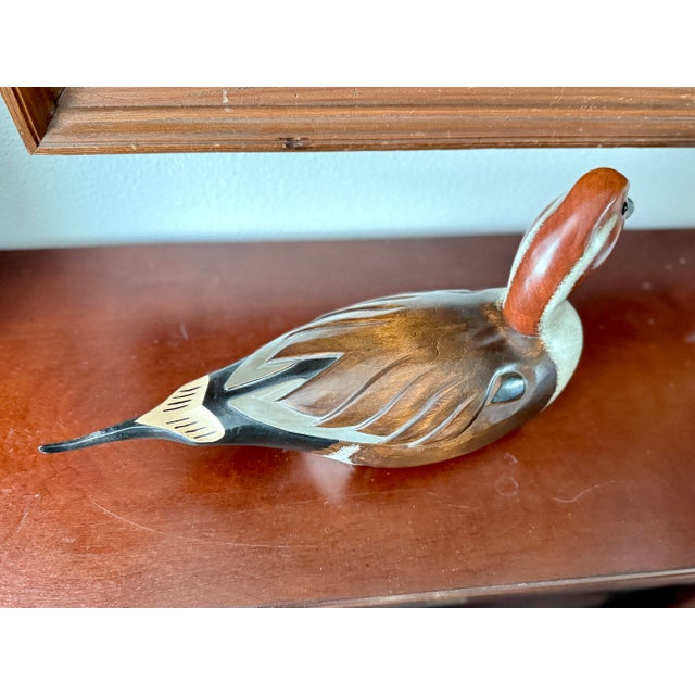 1980’s Vintage Hand-Carved Pintail Duck Decoy – Rustic Americana Folk Art by Wooden Duck Factory For Sale - Image 11 of 12