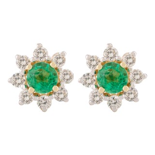 Round Cut Certified Vivid Green Emerald Halo Diamond Stud Earrings, a Pair For Sale