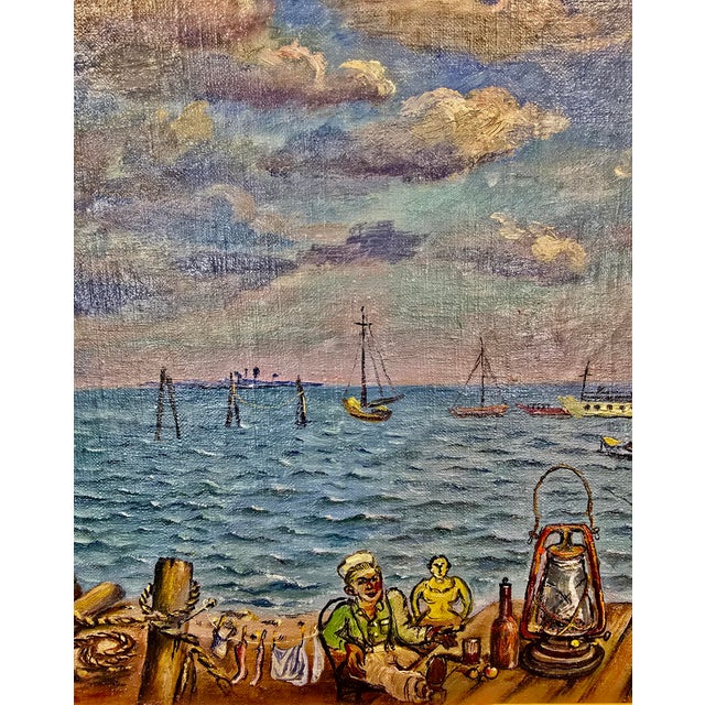 1950s David Burliuk -1950s Fishermen Lifestyle on Sag Harbor -Oil Painting For Sale - Image 5 of 13