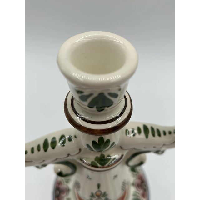 Delft Vintage Royal Delft Holland Style Hand Painted Triple Candle Stick Holder For Sale - Image 4 of 7