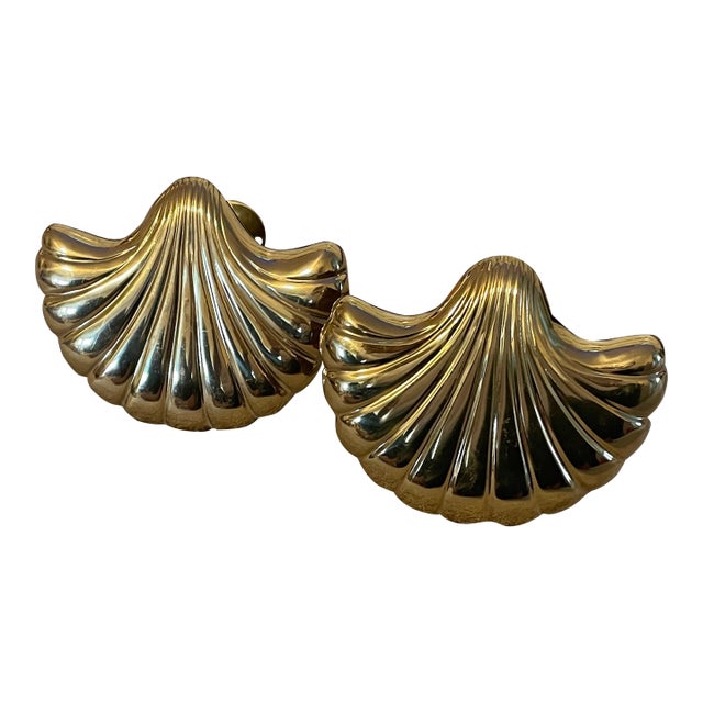 Set of 2 Solid Vintage Brass Sea Shell Curtain Tiebacks For Sale