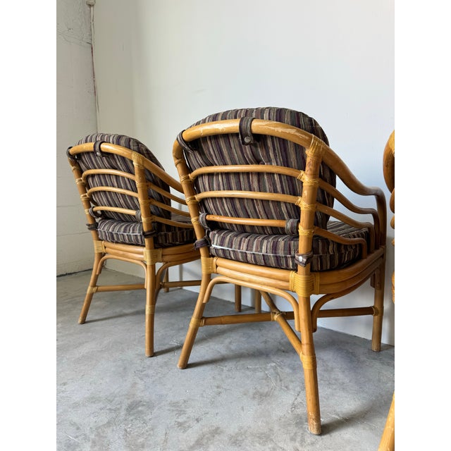 Wood Vintage Brown Jordan Rattan and Leather Dining Chairs – Set of 4 For Sale - Image 7 of 12
