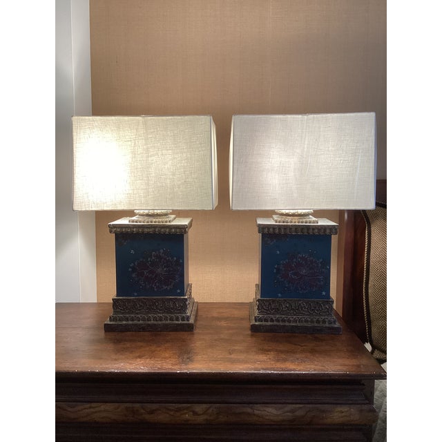 Wood Vintage Chinoiserie Teal Floral & Gilt Architectural Table Lamps - a Pair For Sale - Image 7 of 12