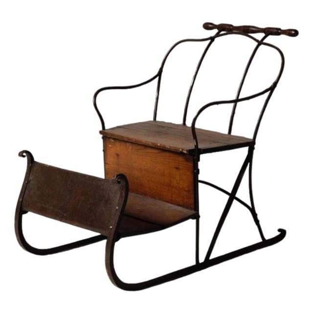 19th Century French Iron Sled With Oak Seat For Sale