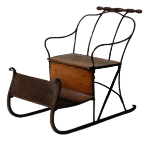 19th Century French Iron Sled With Oak Seat