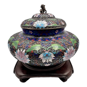 1990s Large Cloisonné Lidded Bowl / Jar With Wood Stand Foo Dog Finial
