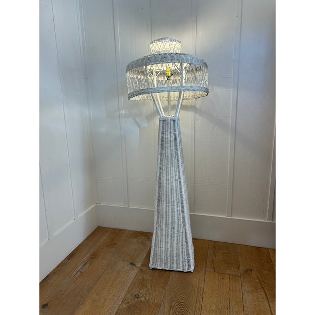 Vintage White Wicker Floor Lamp With Tiered Dome Shade For Sale - Image 4 of 14