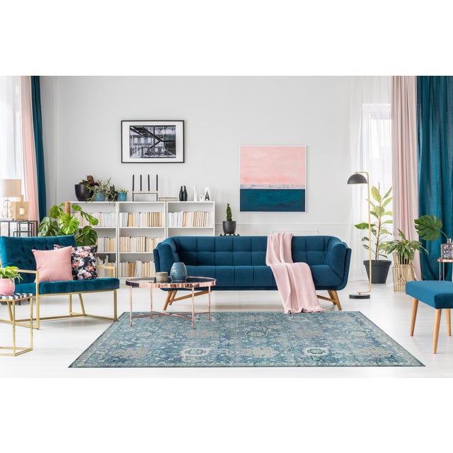 Beautiful Oushak Blue Hand Knotted Wool Rug, Country of Origin: India. This exquisite piece captures the grand scale and...