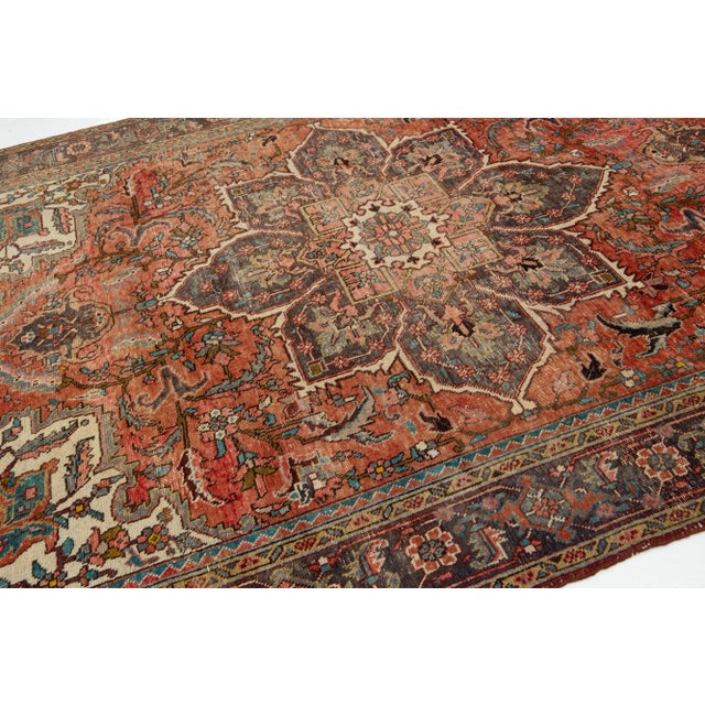 Textile 1950s Vintage Handmade Heriz Wool Rug in Rust Color With Medallion Design For Sale - Image 7 of 8