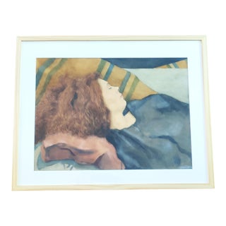 Watercolor Painting Red Headed Woman Sleeping Large Signed A. Pickens Vintage W New Frame For Sale