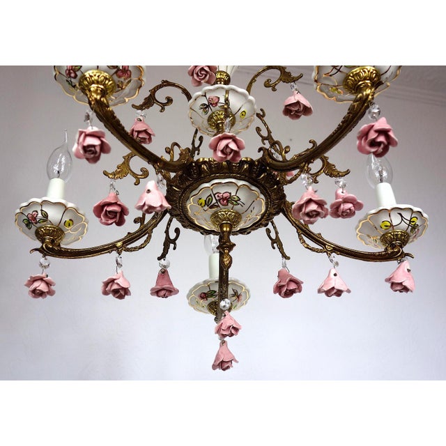 Brass and Porcelain 5-Light Chandelier by Peris Andreu, 1940s For Sale - Image 14 of 16