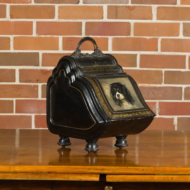 Metal English Victorian Period 1880s Black Coal Box with Hand-Painted Dog Motif For Sale - Image 7 of 12