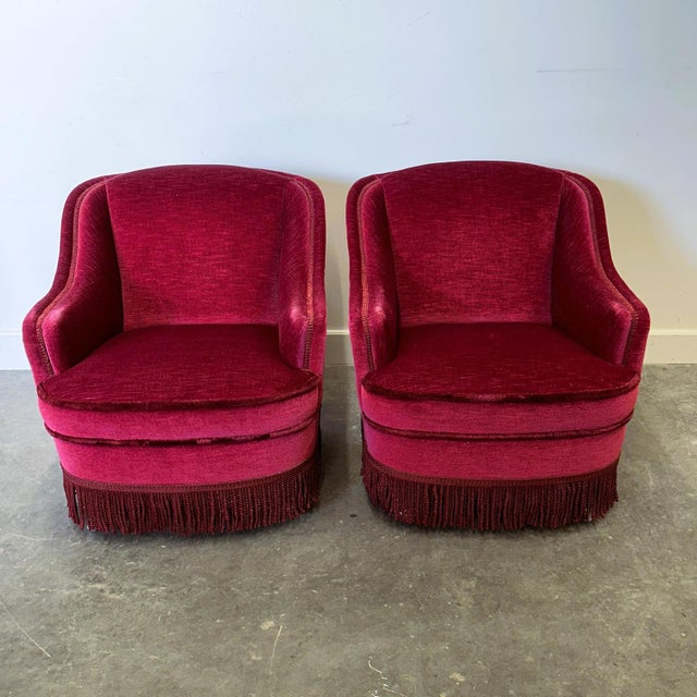Vintage French Club Chairs in Red Velvet with Fringe Skirts, 1960s, Set of 2 For Sale - Image 14 of 14