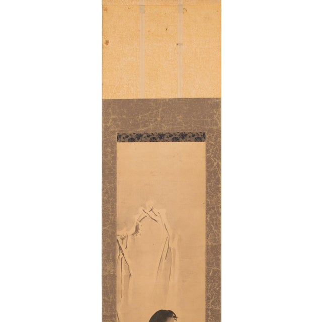 Fine antique Japanese Showa Era watercolor scroll painting depicting The Crow in the Snow. Sealed by artist in ink. Very...