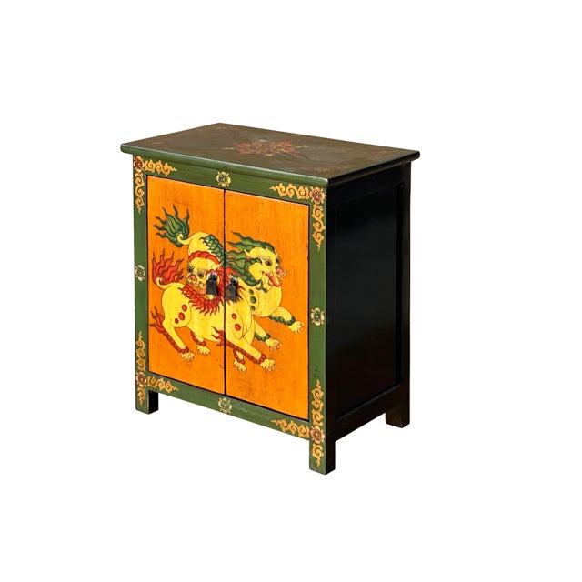 Asian Tibetan Style Green Ochre Two Snowlions End Table Nightstand For Sale - Image 3 of 15
