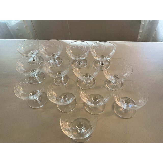 Noritake Vintage Noritake Mid-Century Modern Sasaki Bamboo Etched Crystal Champagne / Low Sherbert Glasses Set of 13 For Sale - Image 4 of 5