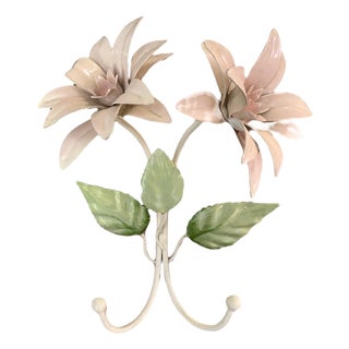 Vintage Italian Pink Tole Flower Double Hook Rack / Toleware Floral Wall / Coat / Robe Hook For Sale