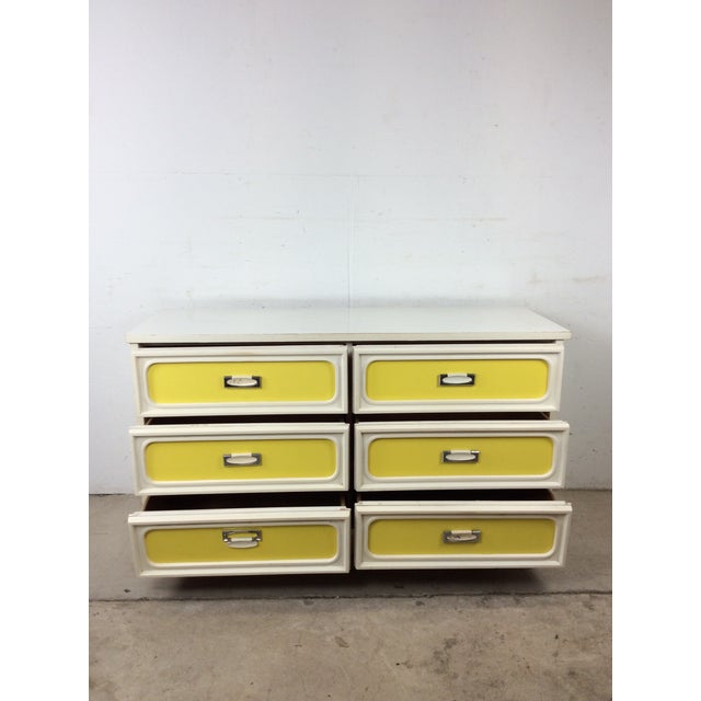 Mid Century Space Age Style Lowboy Dresser With Mounted Mirror & Yellow Drawer Faces For Sale - Image 10 of 18