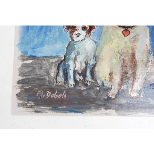 Vintage late 20th century gouache on paper painting of cat and small puppy. Signed M Debels lower left. Unframed, has been...