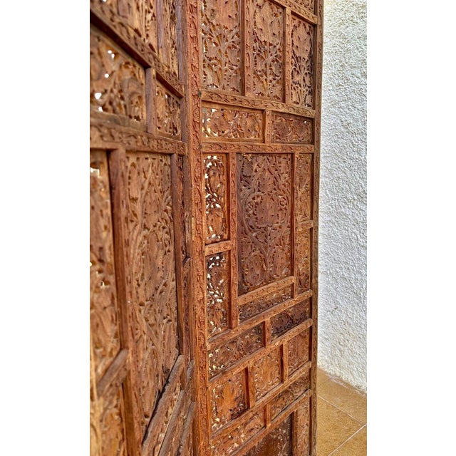 Carved Hardwood Four-Panel Anglo Indian Folding Screen, 1890s For Sale - Image 12 of 14