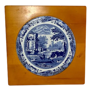 Late 20th Century Spode Blue and White Ceramic Plate and Wood Trivet