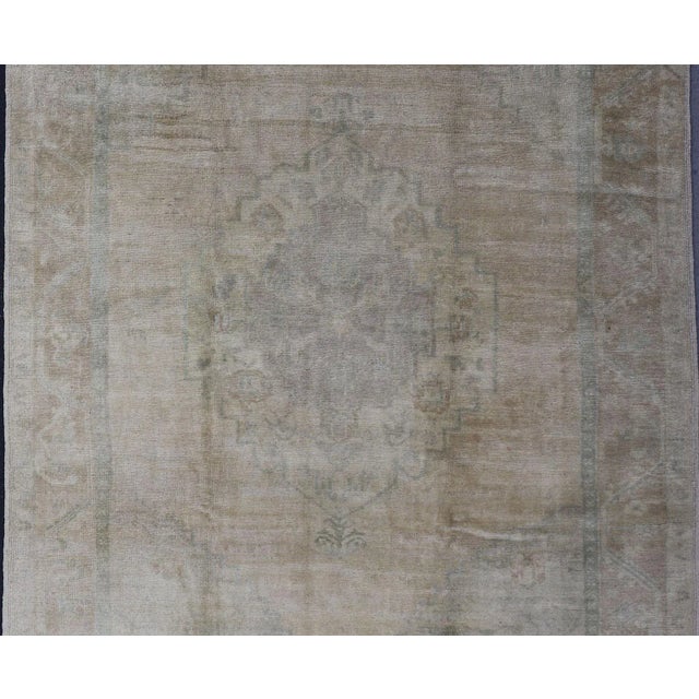 Turkish Light Color Oushak Vintage Rug With Pastel Colors in Tan, Green, Butter Yellow and Taupe For Sale - Image 3 of 13