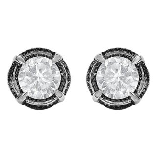 Black Rhodium Plated .925 Sterling Silver Round 1.0 Cttw Diamond Double Halo 4-Prong Solitaire Milgrain Stud Earrings (H-I Color, I2-I3 Clarity) For Sale