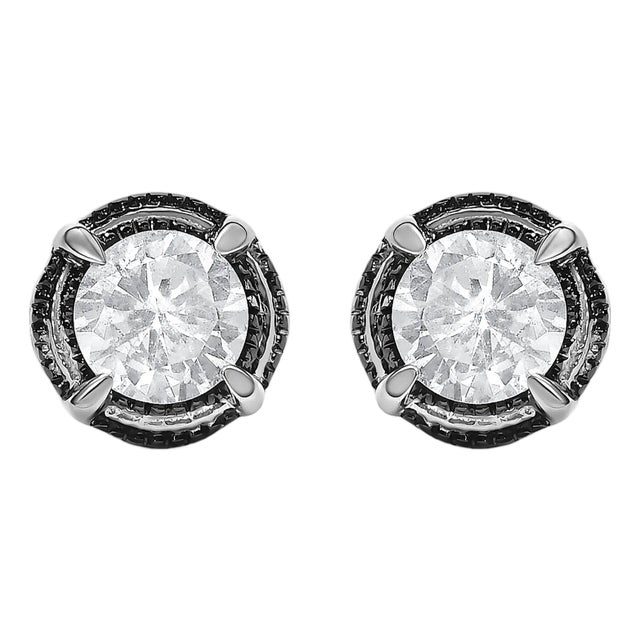 Black Rhodium Plated .925 Sterling Silver Round 1.0 Cttw Diamond Double Halo 4-Prong Solitaire Milgrain Stud Earrings (H-I Color, I2-I3 Clarity) For Sale