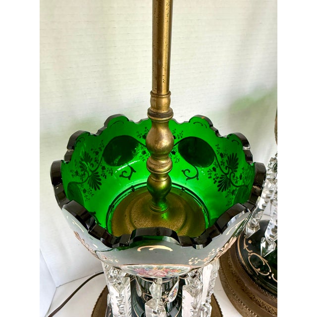 Antique Emerald Green Glass Luster Table Lamps With Crystal Prisms - a Pair For Sale - Image 4 of 12