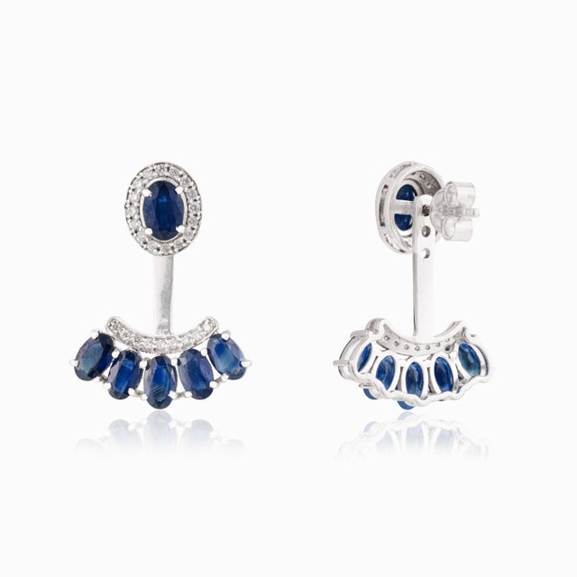4.16ct Natural Deep Blue Sapphire and Diamond Jacket Earrings in 14k White Gold- A Pair For Sale - Image 13 of 18
