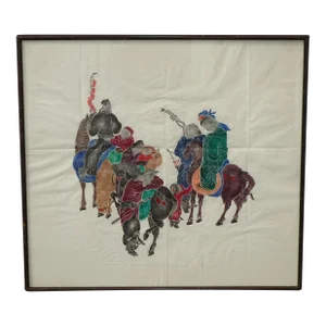 Vintage Picture Temple Art Charcoal Rubbings of Oriental Families on Horses