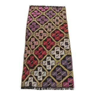 1960s Tribal Ikat Geometric Black Hand Knotted Kilim Rug For Sale