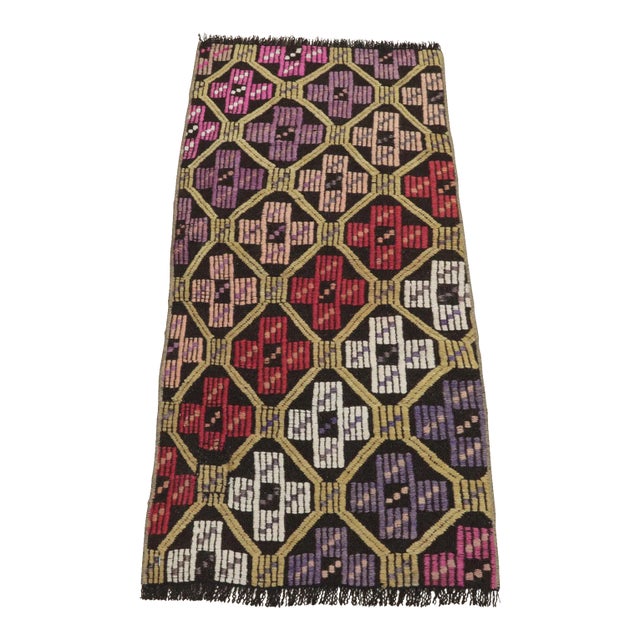 1960s Tribal Ikat Geometric Black Hand Knotted Kilim Rug For Sale