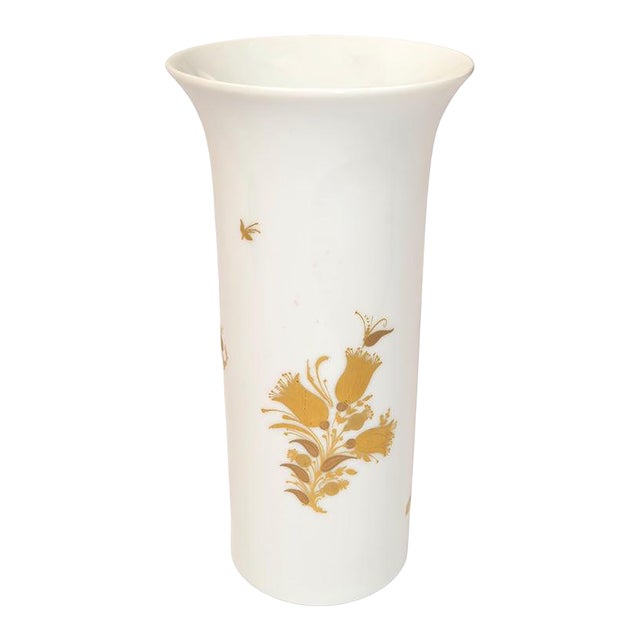 1960s Original Rosenthal White Porcelain Flower Vase Hand Painted Gold Leaf Flowers For Sale