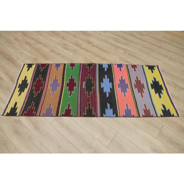 1970s Southwestern Geometric Natural Rainbow Colorful Striped Kilim Rug For Sale - Image 4 of 13