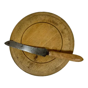 Rustic Antique Round Wooden Bread Board and Hand Carved Bread Knife From England - Circa 1875