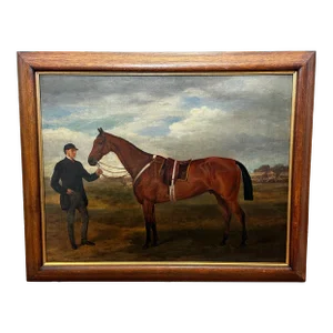 19th Century Oil Painting Victorian Bay Hunter Horse With Groom at French Fair Dated 1863