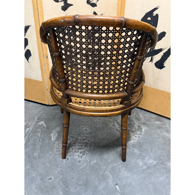 Mid-Century Modern Mid-Century Faux Bamboo and Cane Barrel Back Chair With Leather Cushion For Sale - Image 3 of 11