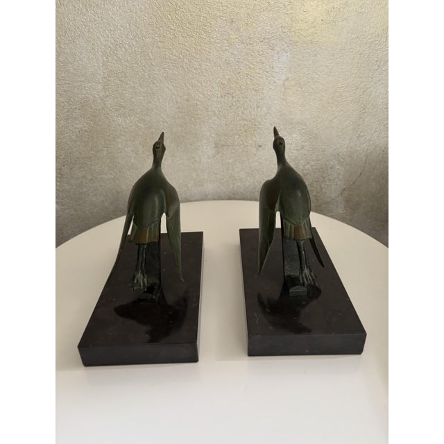 1930s Art Deco Bronze Crane Bookends with Marble Bases by H. Garreau Auxerre Label, France, 1930s, Set of 2 For Sale - Image 5 of 11