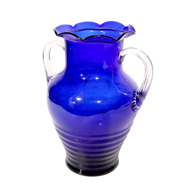 Glass Mid 20th Cobalt Glass Handled Vase Att. To Fostoria For Sale - Image 7 of 7