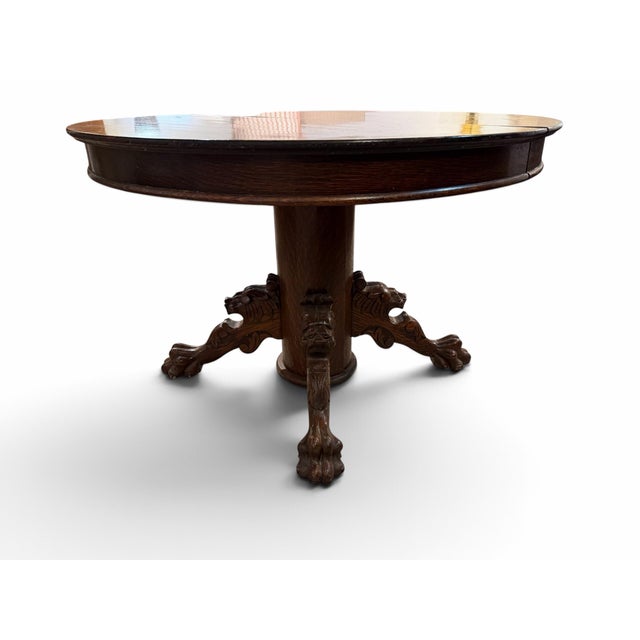 American Antique American Quarter-Sawn Oak Pedestal Dining Table With Lion Claw Feet For Sale - Image 3 of 6