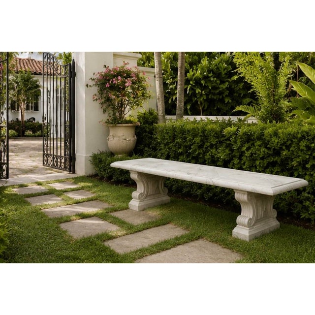 Italian Neoclassical Carved White Marble Bench With Scroll Pedestal Legs For Sale In West Palm - Image 6 of 11