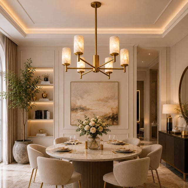 Modern 6 Light Alabaster Chandelier, Modern Brass Chandelier, Natural Stone Ceiling Light, Luxury Mid Century Dining Room Lighting For Sale - Image 3 of 9