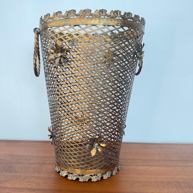 Brass Perforated Umbrella Stand with Detailed Flowers, 1950 For Sale - Image 4 of 9
