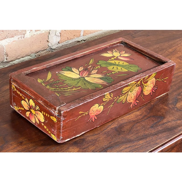 Antique 19th C. Chinese Hand Painted Wooden Box W/ Lotus & Pomegranate Design For Sale - Image 4 of 7