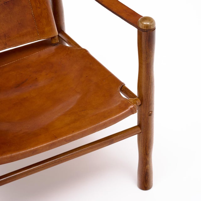 Mid-Century Modern Mid-Century Modern Wood and Cognac Leather Safari Armchair For Sale - Image 3 of 9