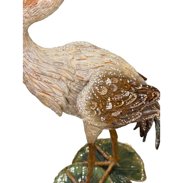 2010s Jay Strongwater Lily Pad Crane Statue Signed For Sale - Image 5 of 7