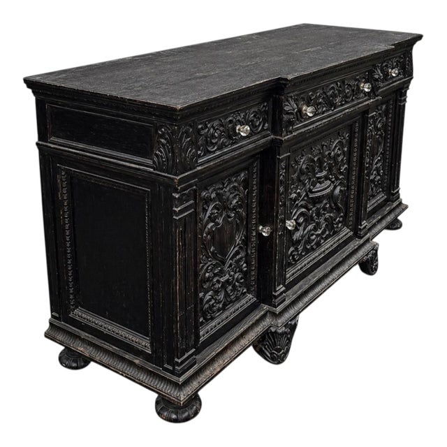 Wood Victorian French Renaissance Ebonized Oak Buffet Cabinet Credenza Sideboard For Sale - Image 7 of 8